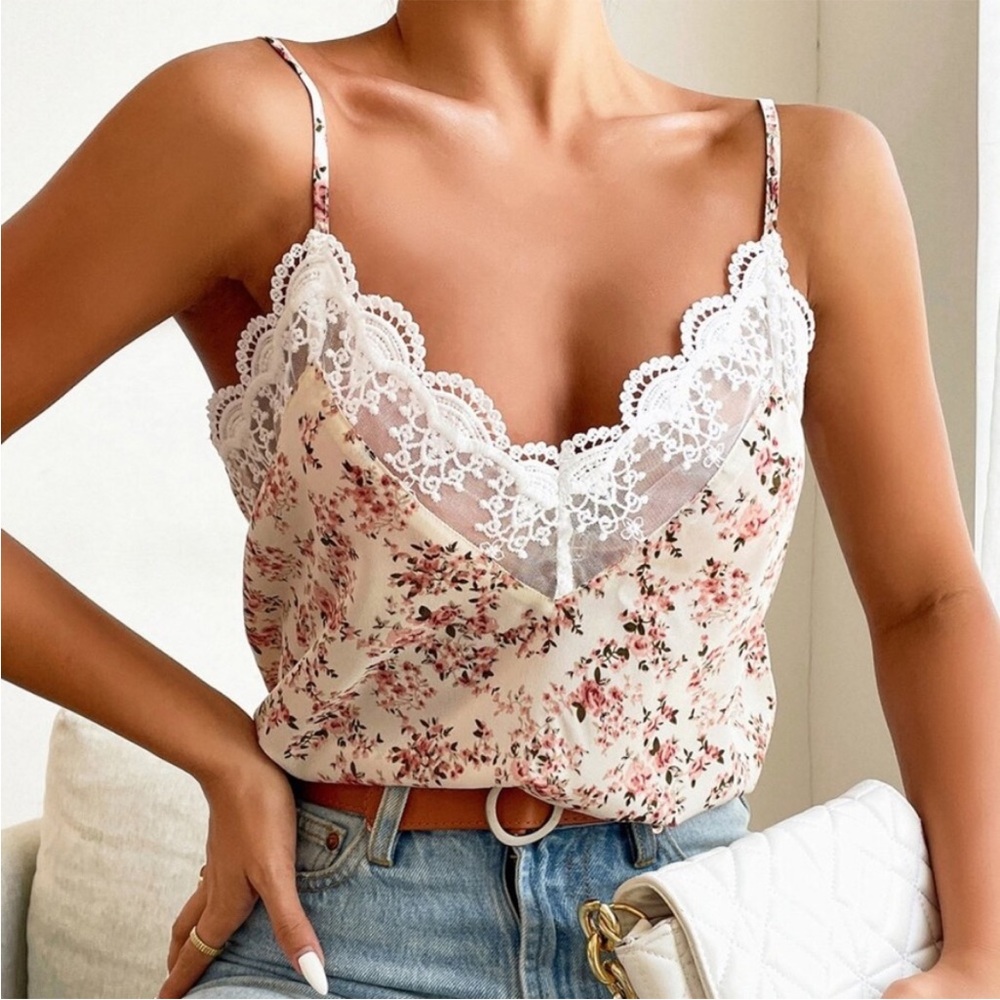 Boho Cream Floral Print V neck Lace Cami Top Cottagecore XS S M L